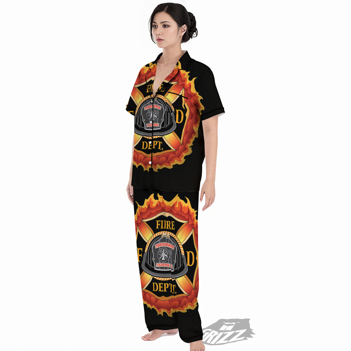 Firefighter Emblem Flaming Print Women's Pajamas Set-grizzshop