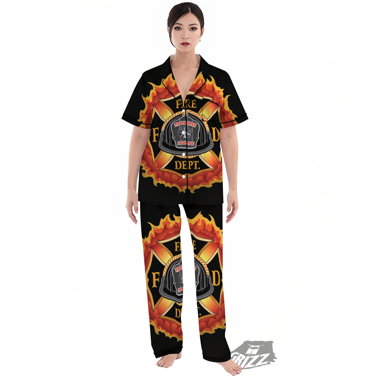Firefighter Emblem Flaming Print Women's Pajamas Set-grizzshop