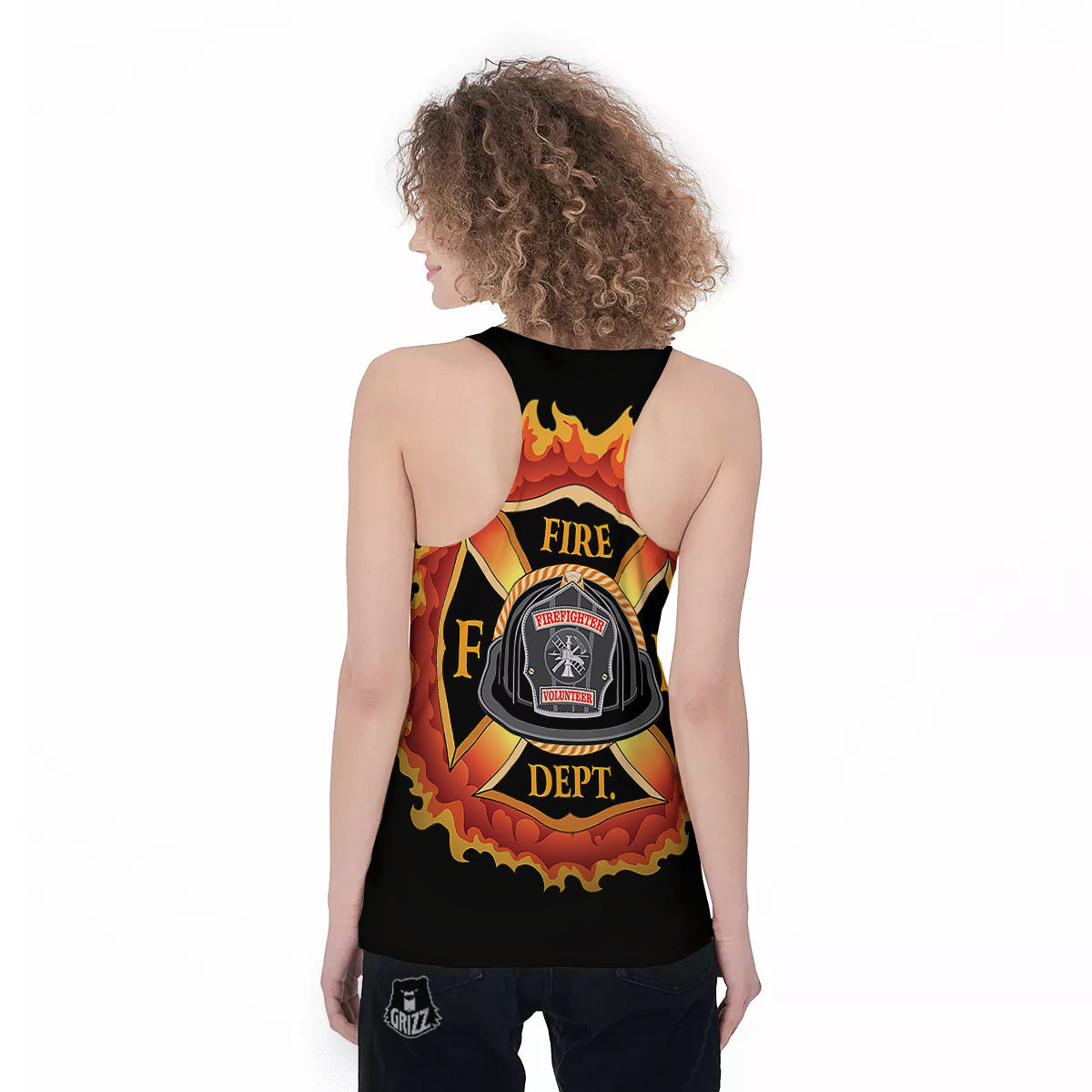 Firefighter Emblem Flaming Print Women's Racerback Tank Top-grizzshop