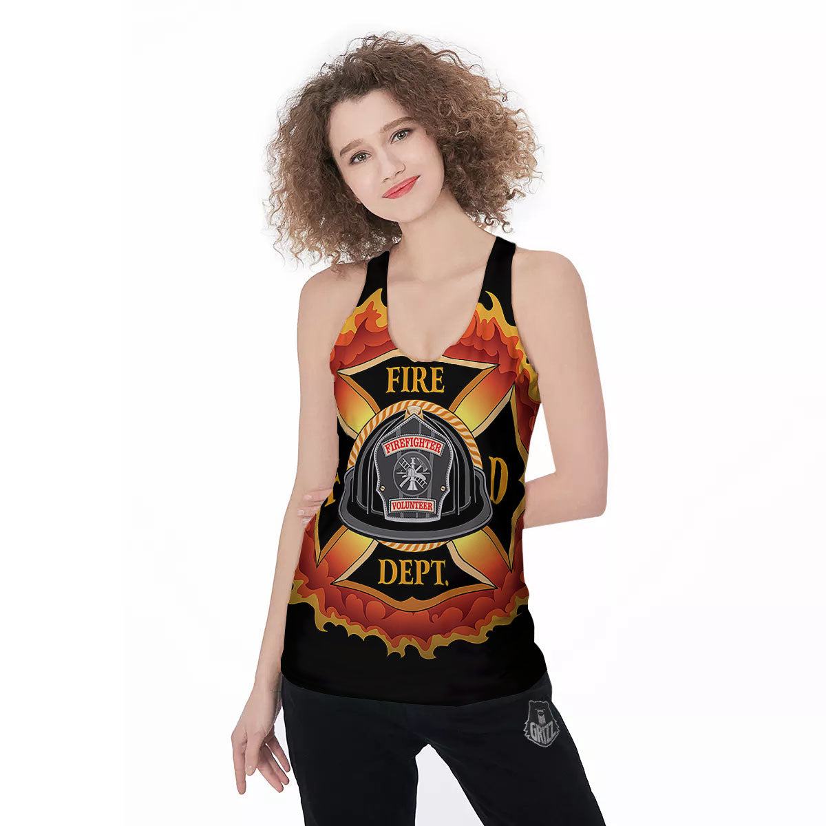 Firefighter Emblem Flaming Print Women's Racerback Tank Top-grizzshop