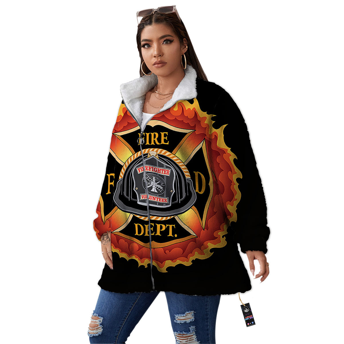 Firefighter Emblem Flaming Print Women's Sherpa Jacket-grizzshop