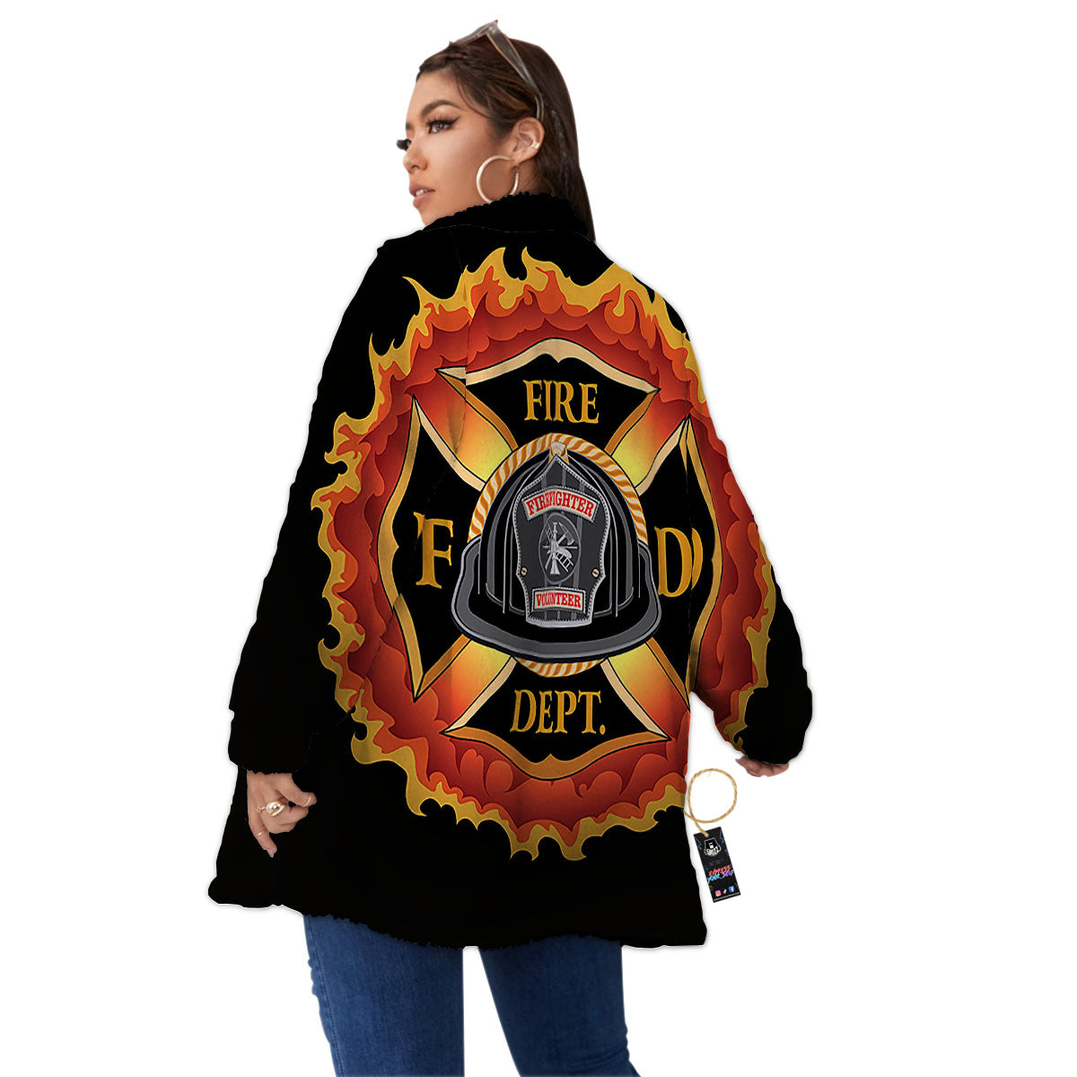 Firefighter Emblem Flaming Print Women's Sherpa Jacket-grizzshop