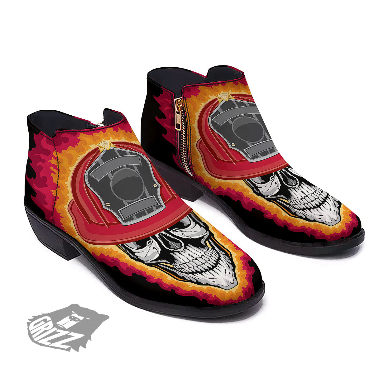 Firefighter Skull Flaming Print Ankle Boots-grizzshop