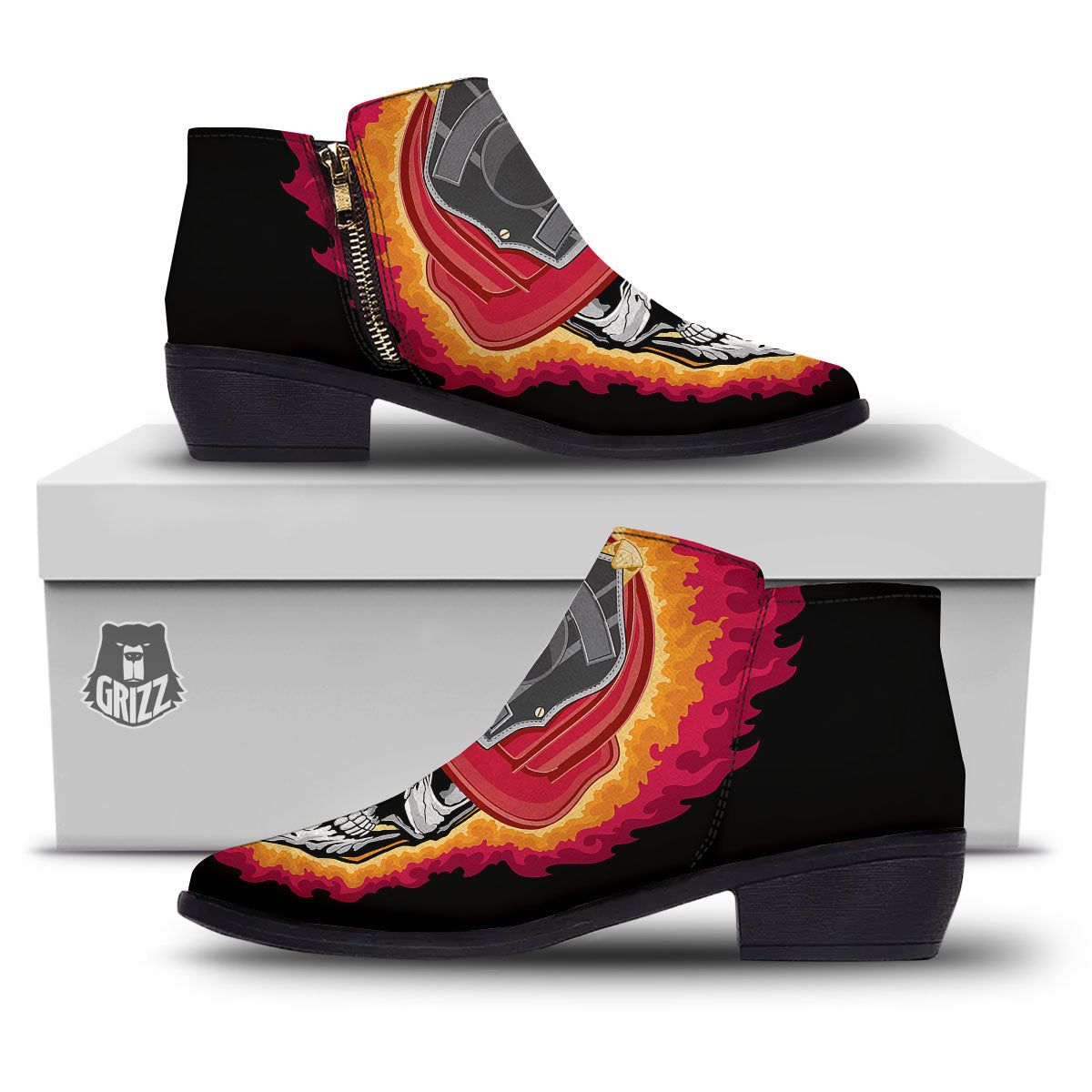 Firefighter Skull Flaming Print Ankle Boots-grizzshop