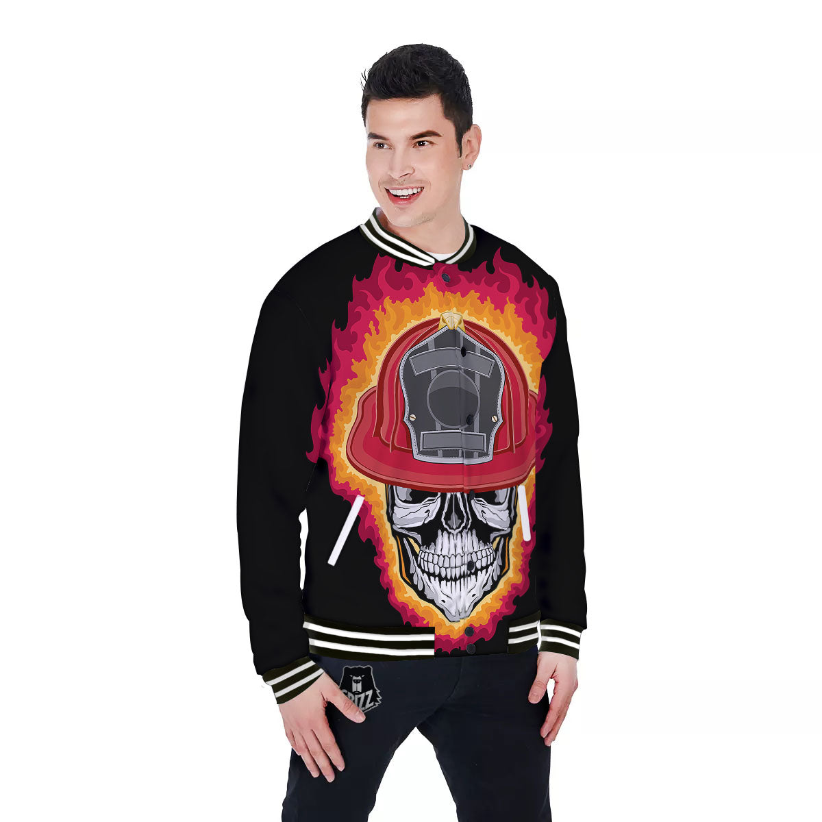 Firefighter Skull Flaming Print Baseball Jacket-grizzshop