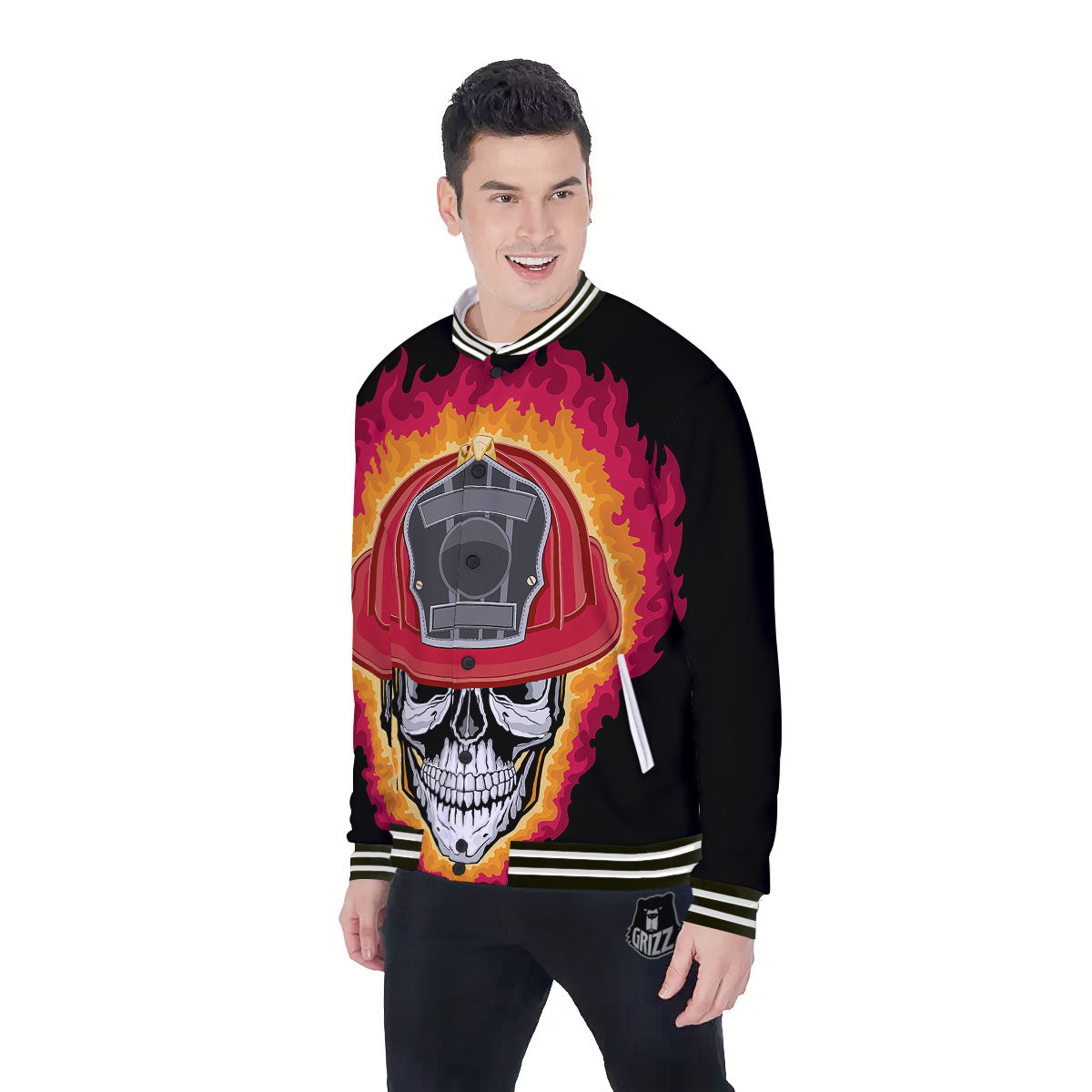 Firefighter Skull Flaming Print Baseball Jacket-grizzshop
