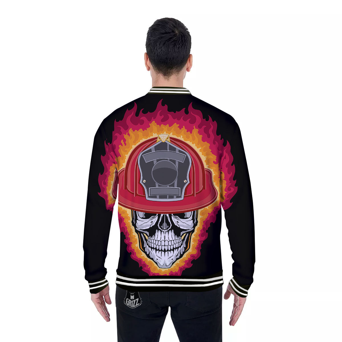 Firefighter Skull Flaming Print Baseball Jacket-grizzshop