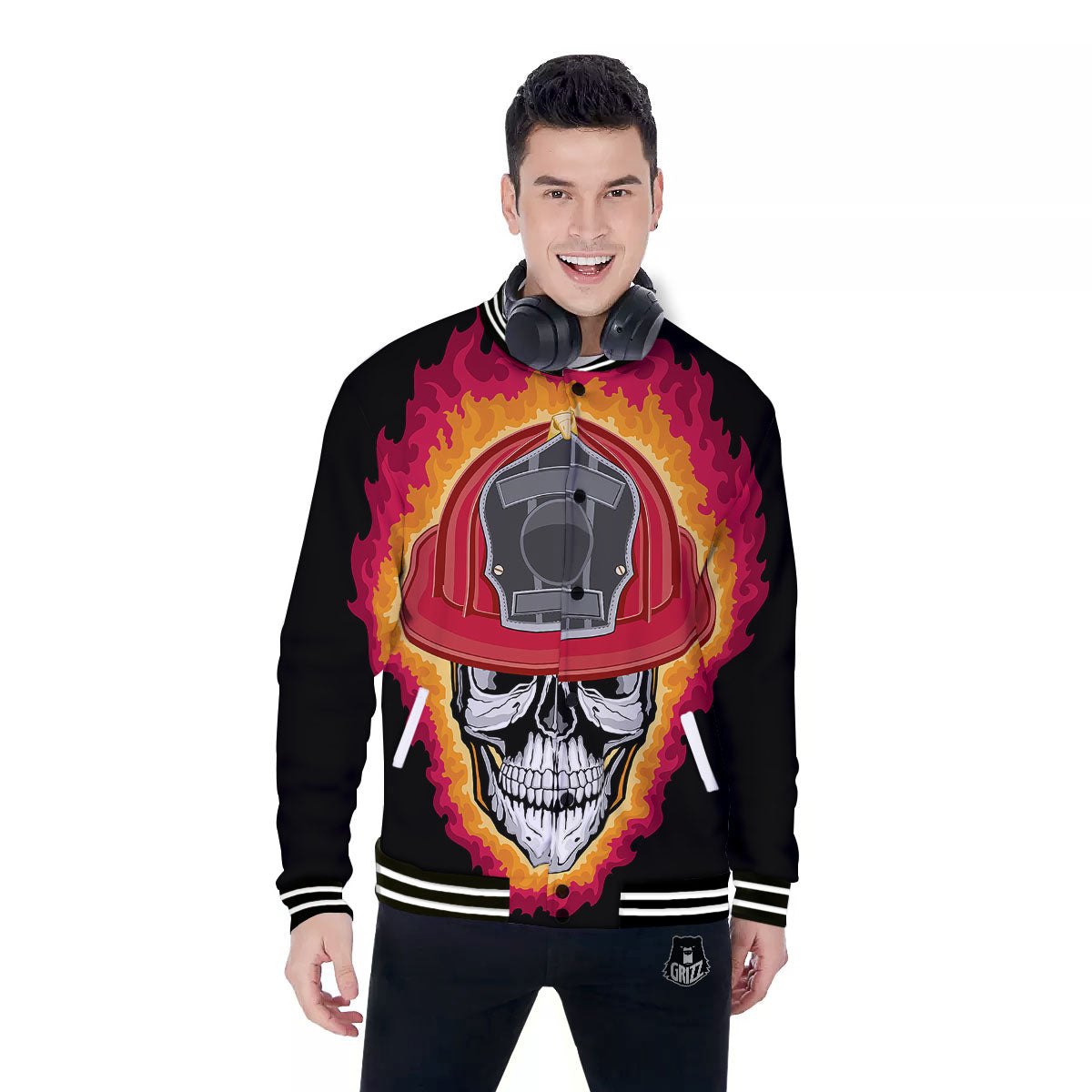 Firefighter Skull Flaming Print Baseball Jacket-grizzshop
