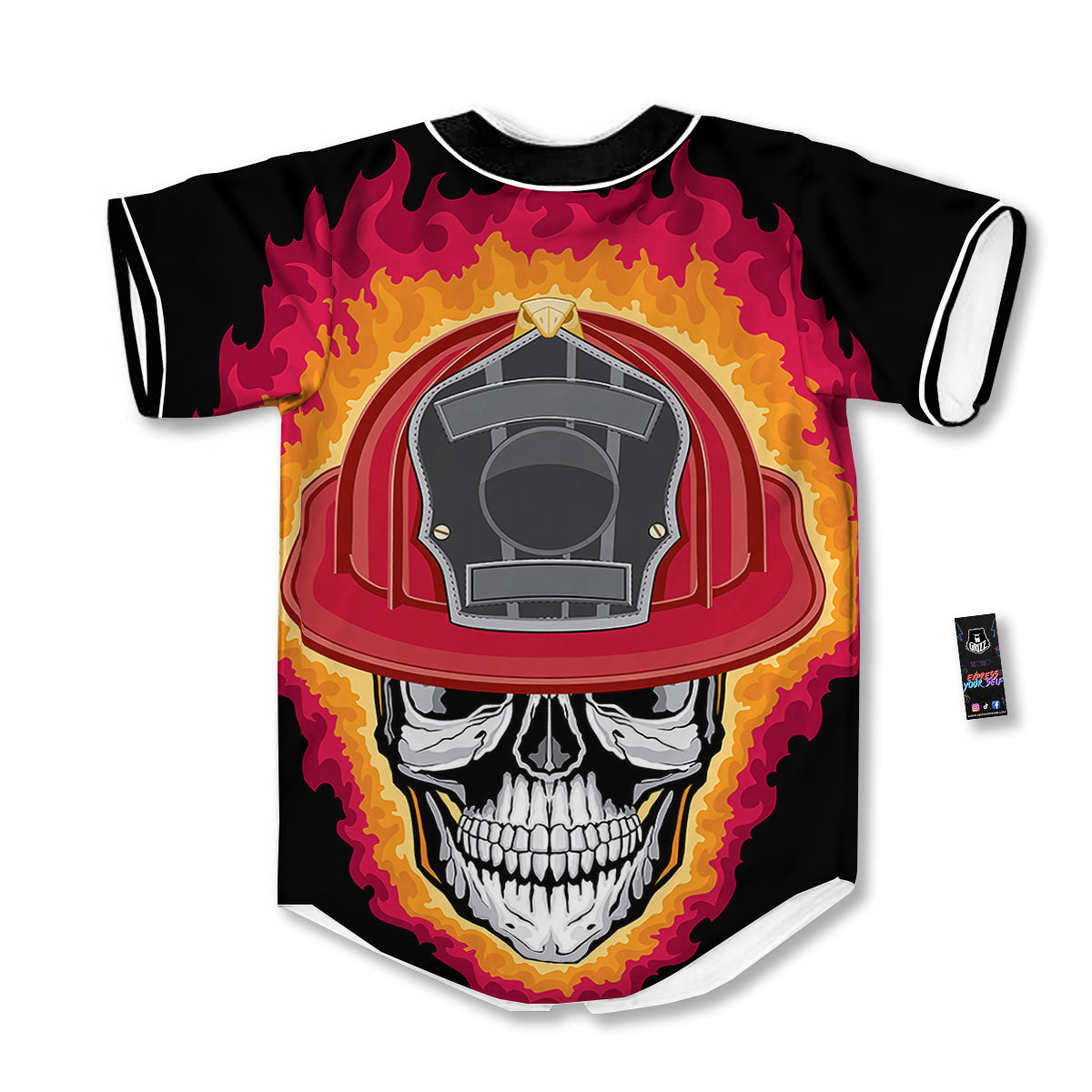Firefighter Skull Flaming Print Baseball Jersey-grizzshop