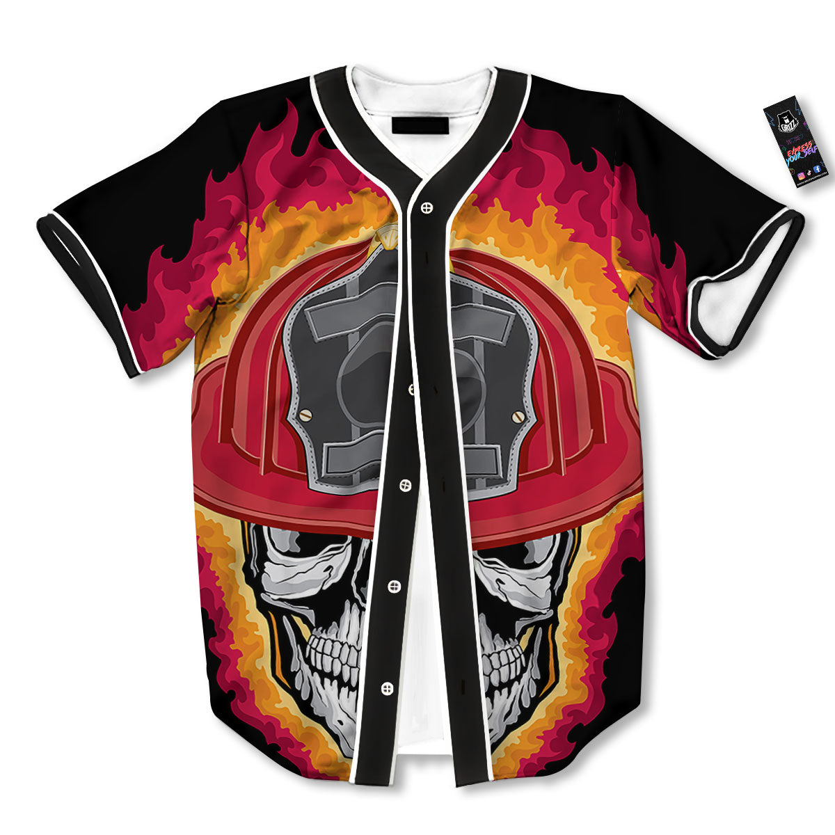 Firefighter Skull Flaming Print Baseball Jersey-grizzshop