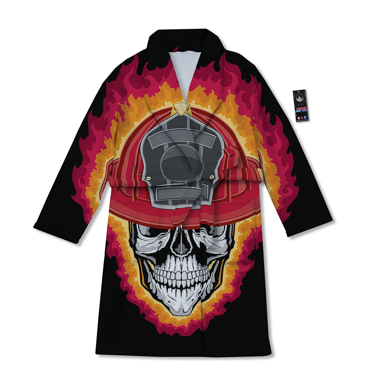 Firefighter Skull Flaming Print Bathrobe-grizzshop