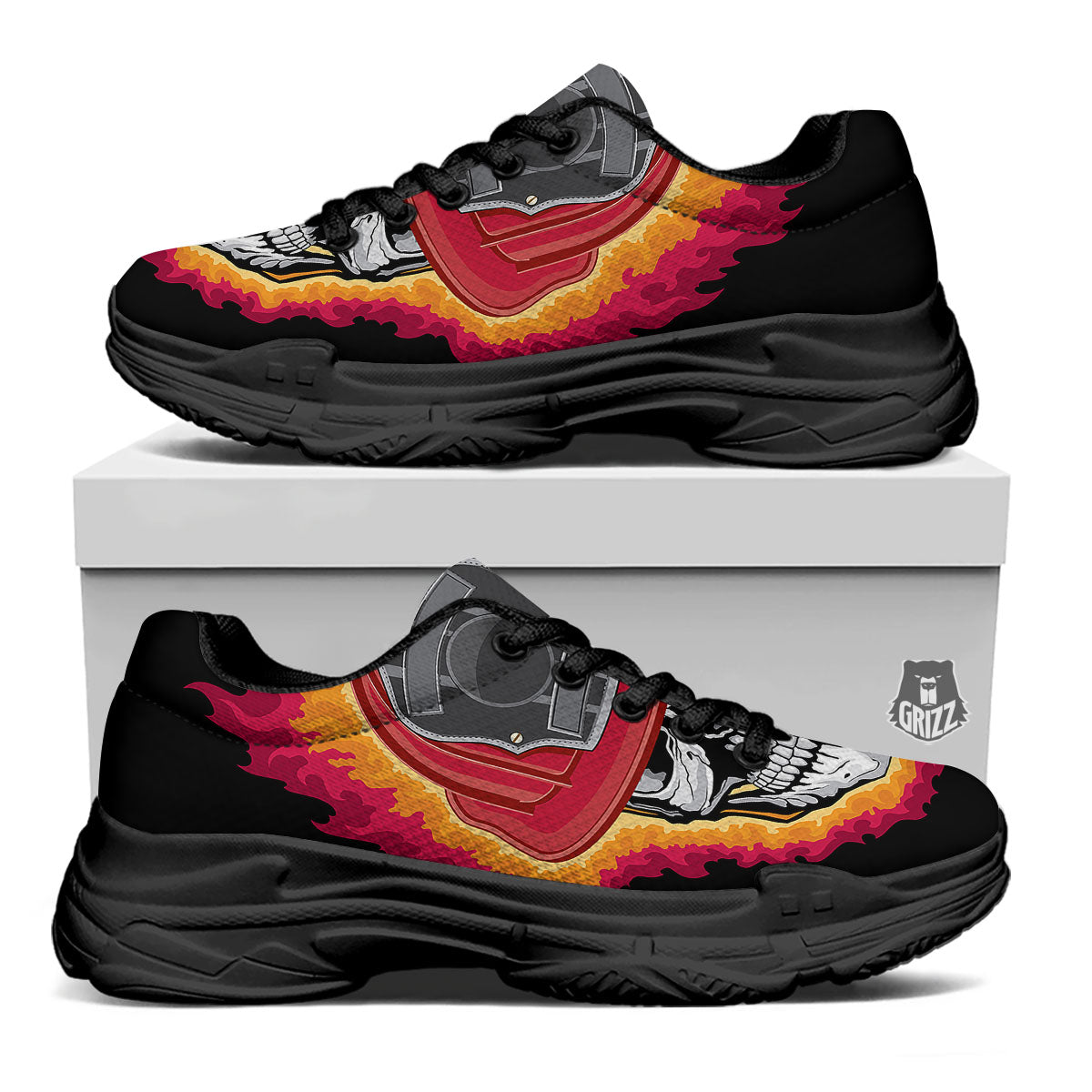 Firefighter Skull Flaming Print Black Chunky Shoes-grizzshop