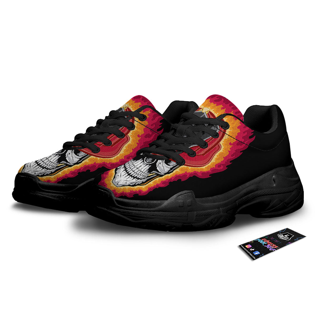 Firefighter Skull Flaming Print Black Chunky Shoes-grizzshop