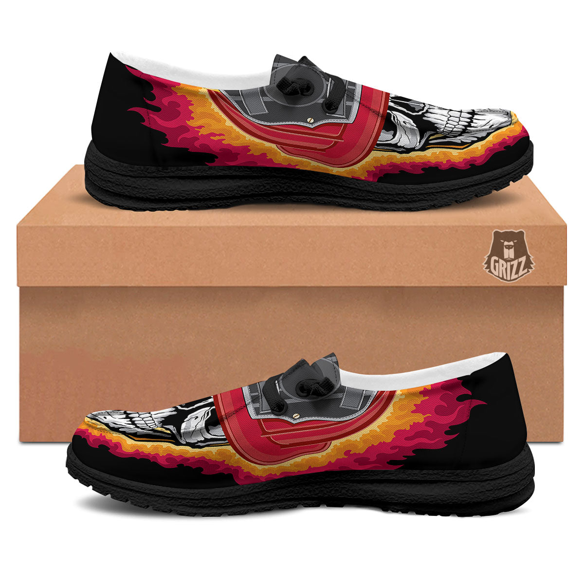 Firefighter Skull Flaming Print Black Loafers-grizzshop