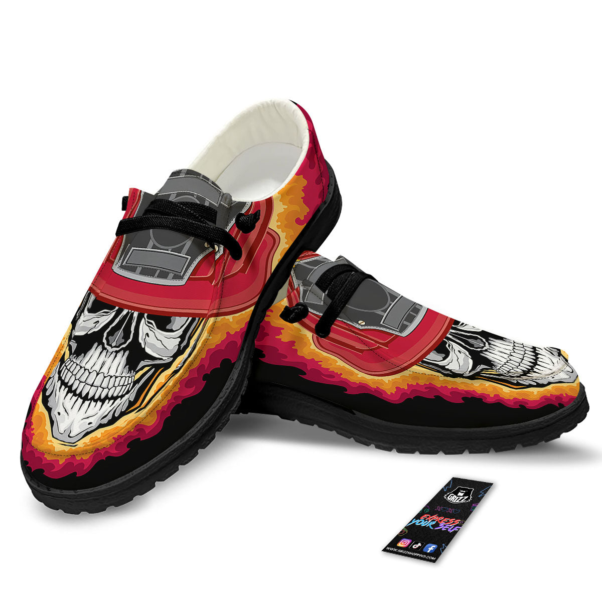 Firefighter Skull Flaming Print Black Loafers-grizzshop