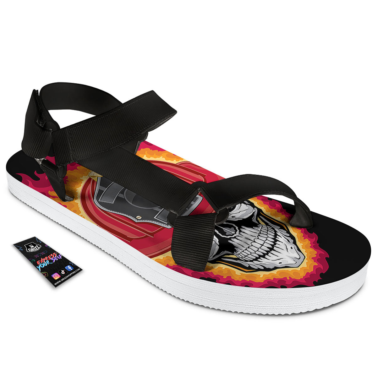 Firefighter Skull Flaming Print Black Open Toe Sandals-grizzshop