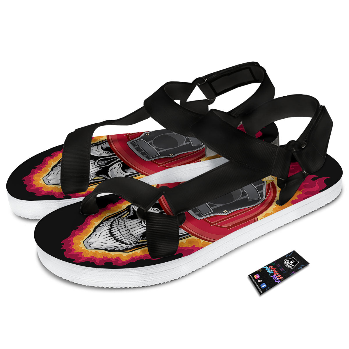 Firefighter Skull Flaming Print Black Open Toe Sandals-grizzshop
