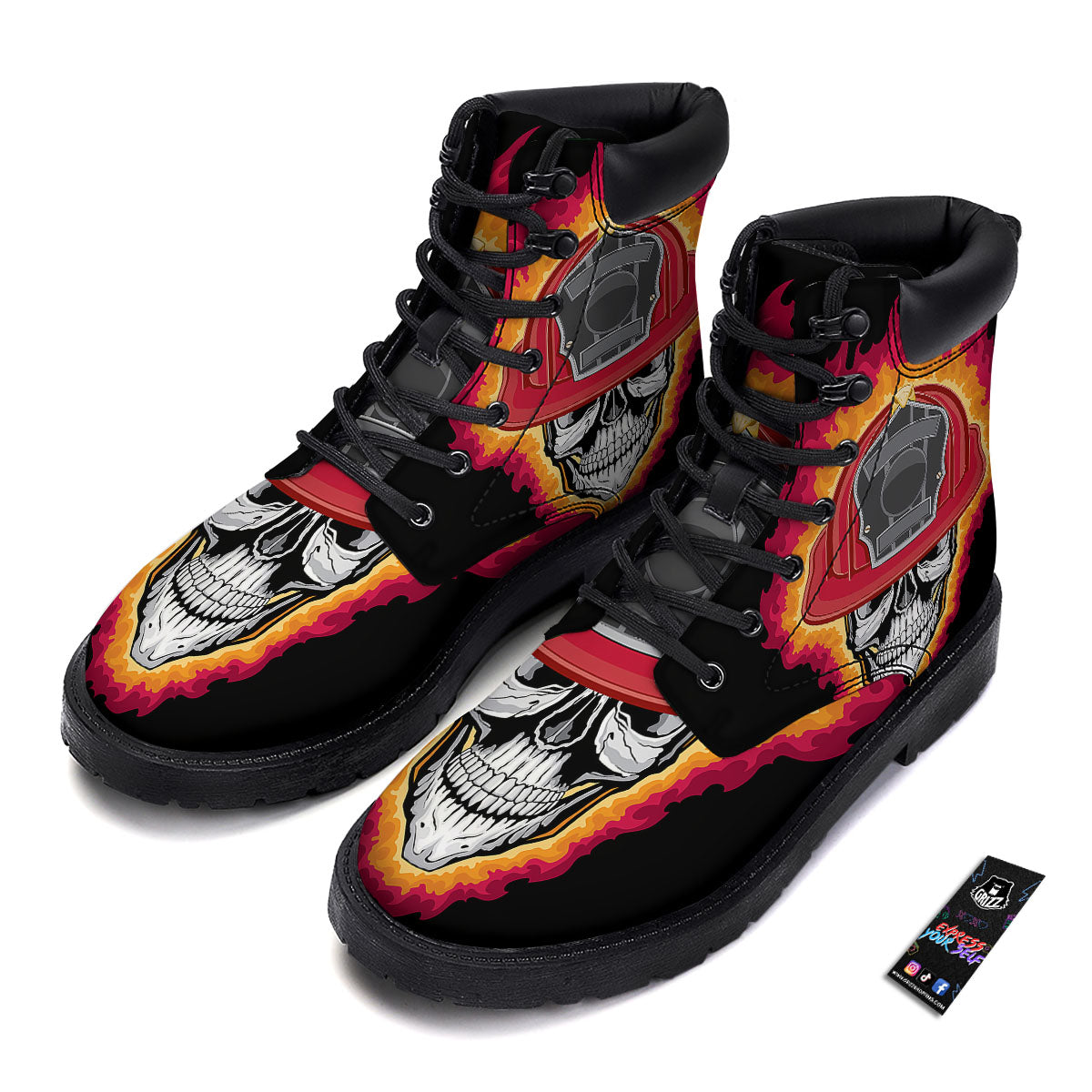 Firefighter Skull Flaming Print Boots-grizzshop