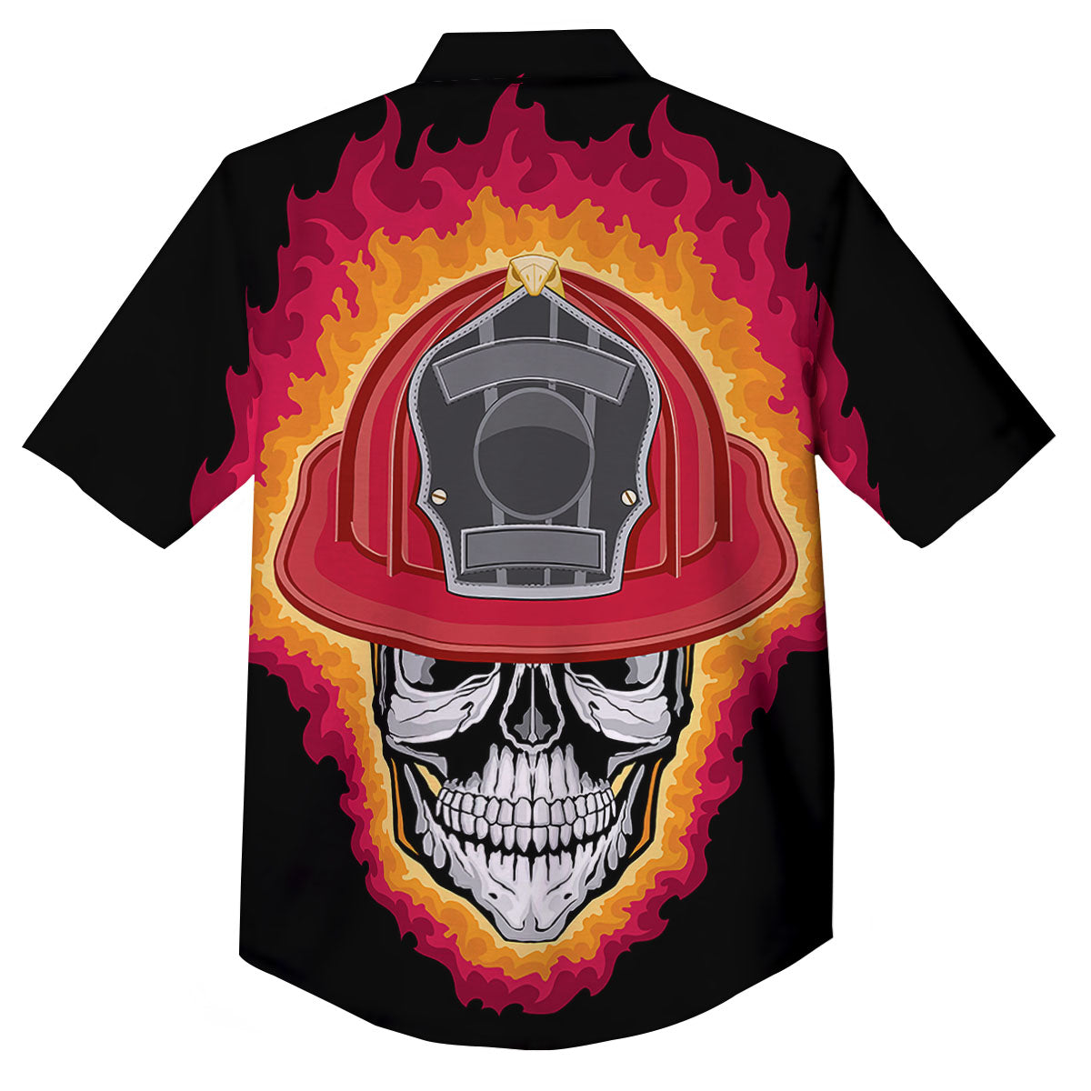 Firefighter Skull Flaming Print Button Up Shirt-grizzshop