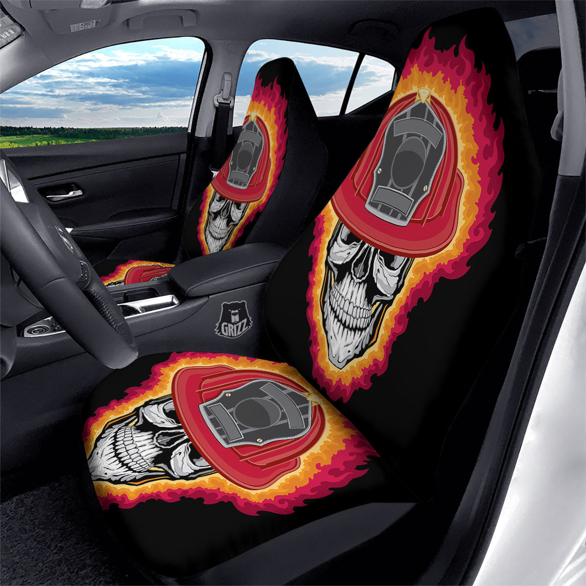 Firefighter Skull Flaming Print Car Seat Covers-grizzshop