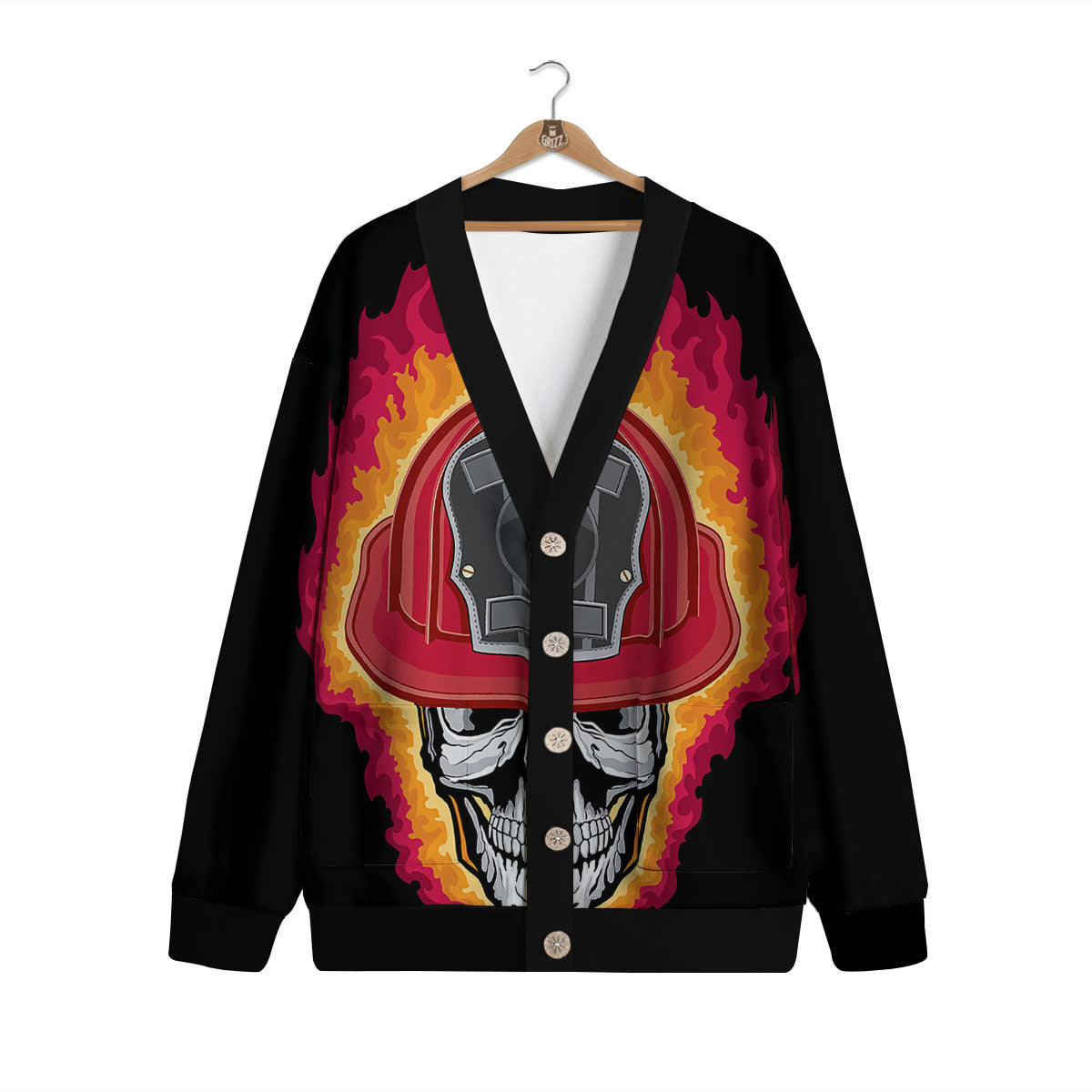 Firefighter Skull Flaming Print Cardigan-grizzshop