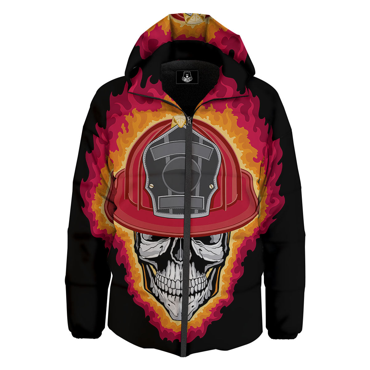 Firefighter Skull Flaming Print Down Jacket-grizzshop