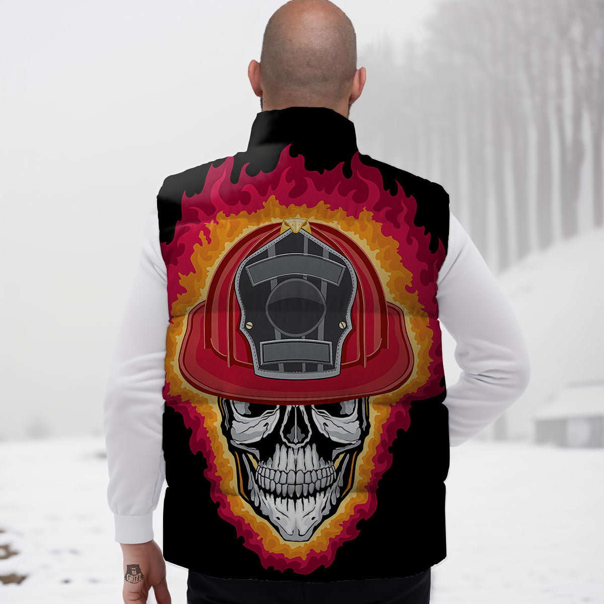 Firefighter Skull Flaming Print Down Vest
