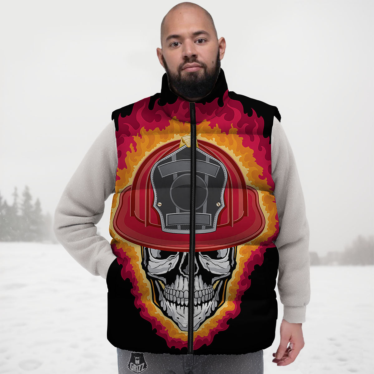 Firefighter Skull Flaming Print Down Vest