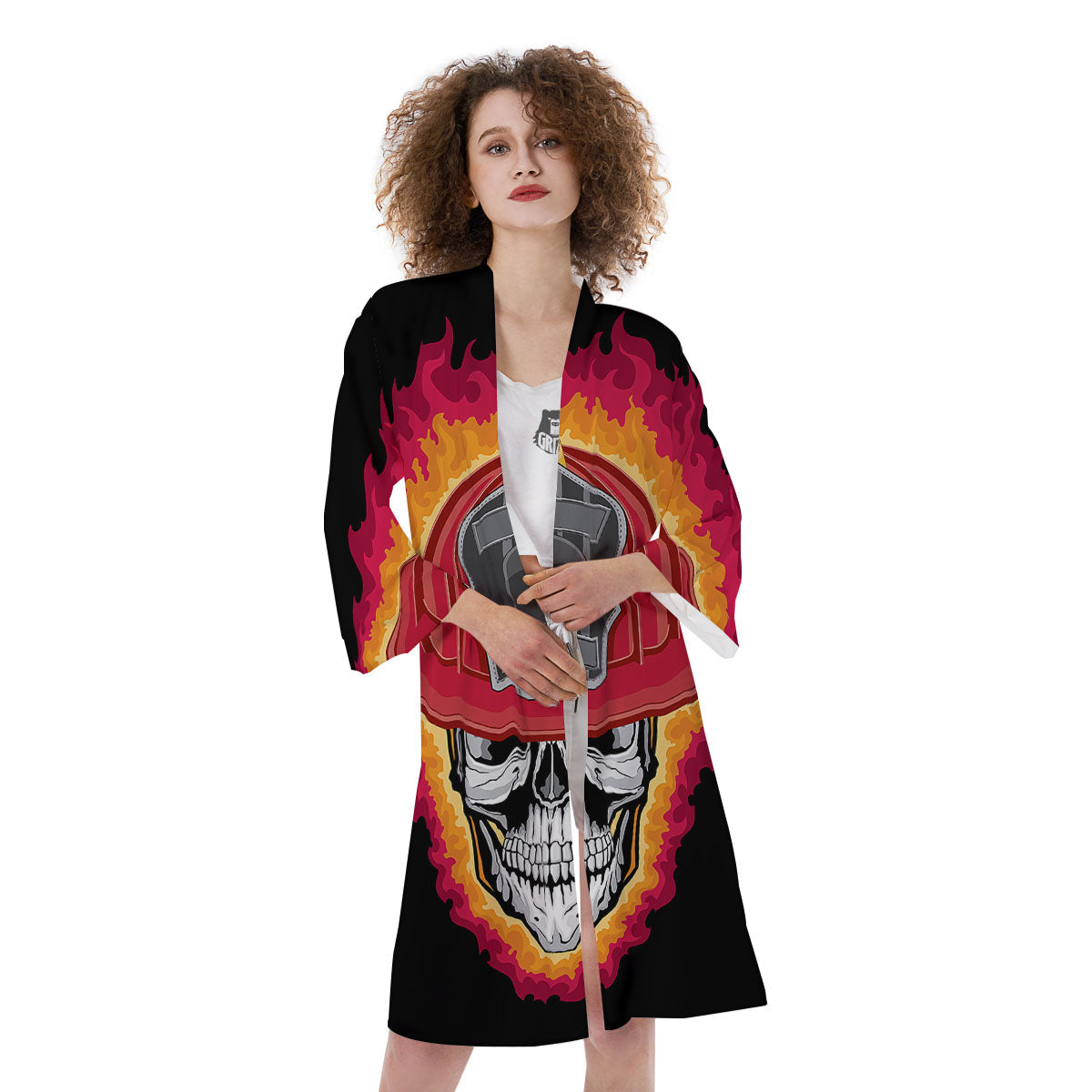 Firefighter Skull Flaming Print Kimono-grizzshop