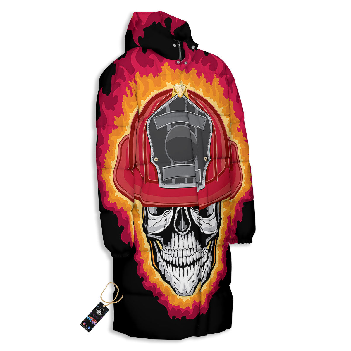 Firefighter Skull Flaming Print Long Down Jacket-grizzshop