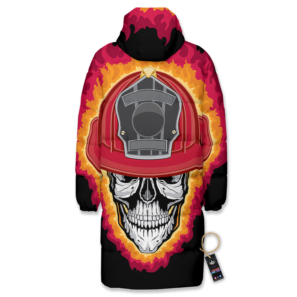 Firefighter Skull Flaming Print Long Down Jacket-grizzshop