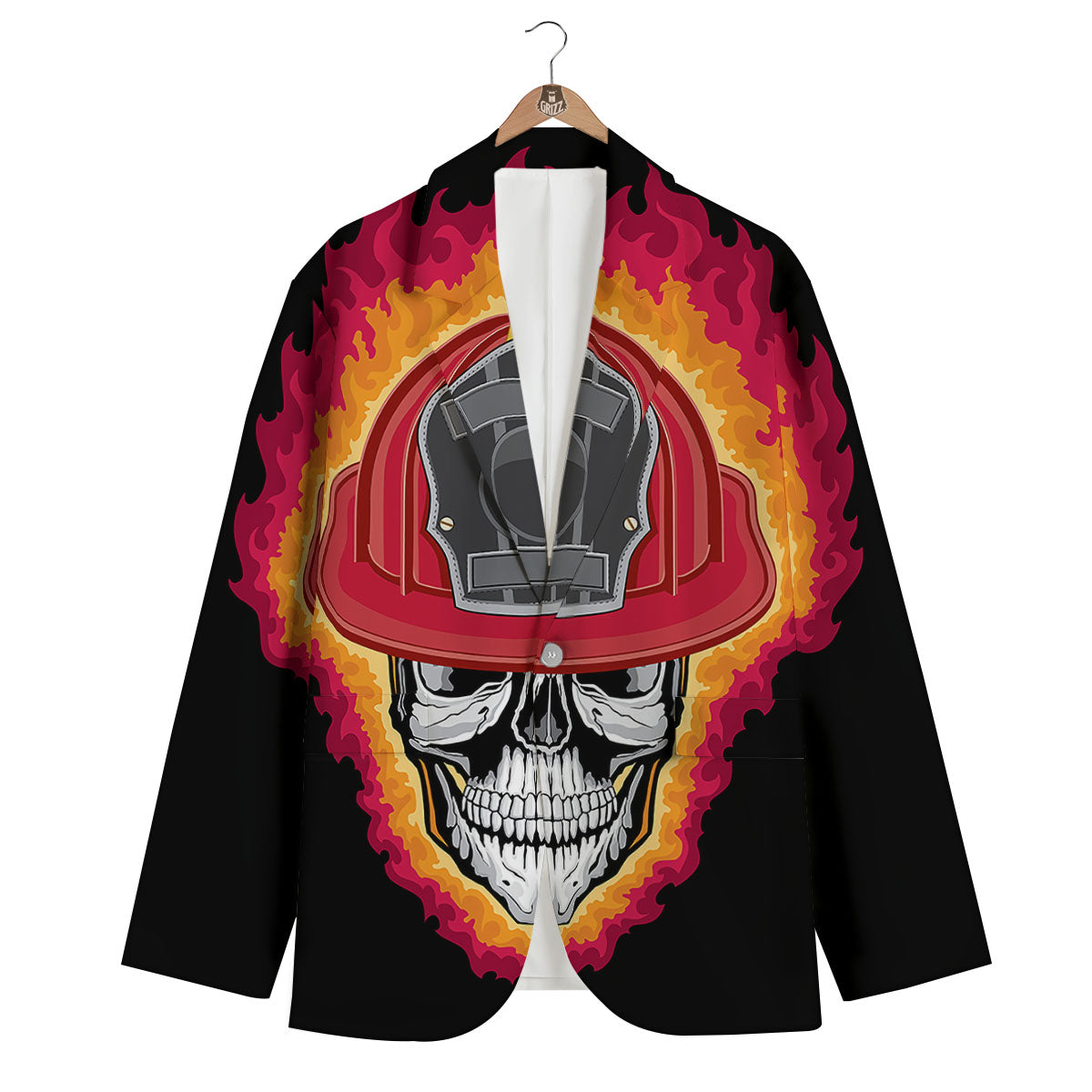Firefighter Skull Flaming Print Men's Blazer-grizzshop