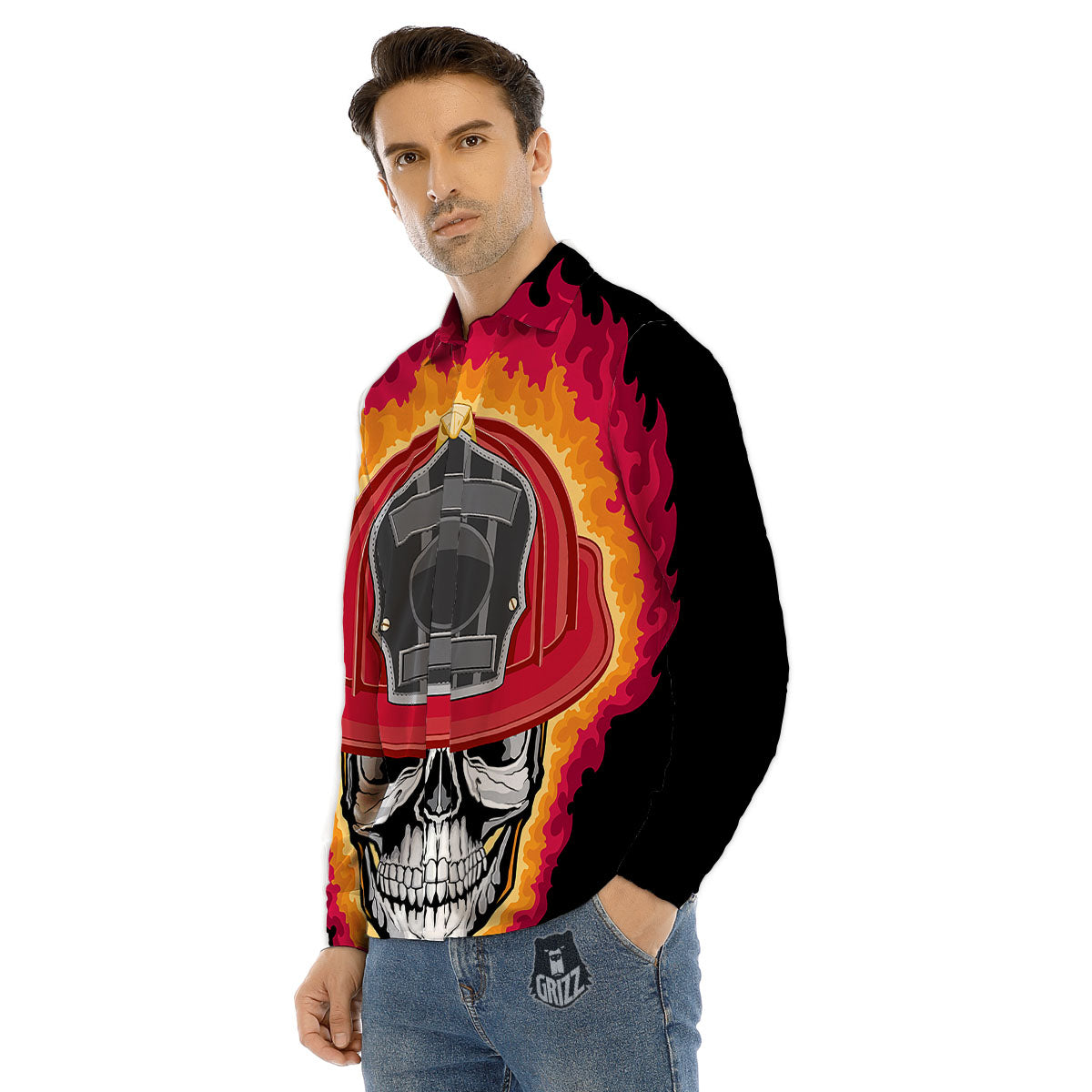 Firefighter Skull Flaming Print Men's Dress Shirts-grizzshop