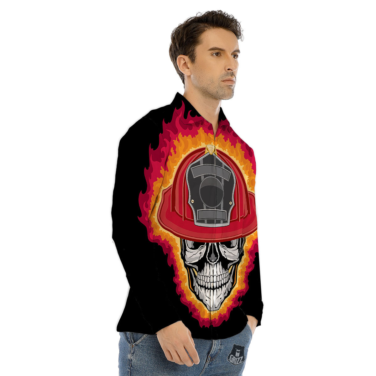 Firefighter Skull Flaming Print Men's Dress Shirts-grizzshop