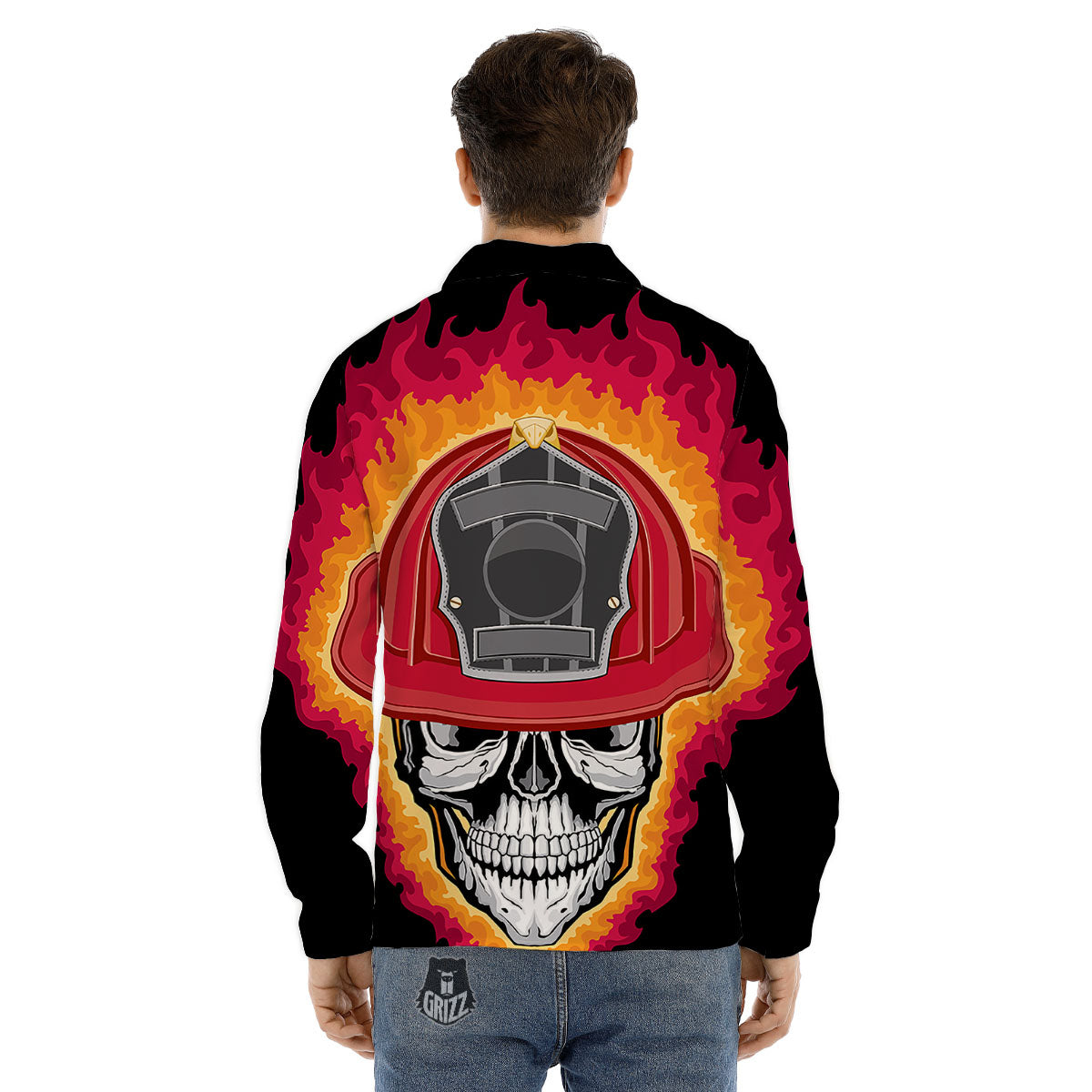 Firefighter Skull Flaming Print Men's Dress Shirts-grizzshop