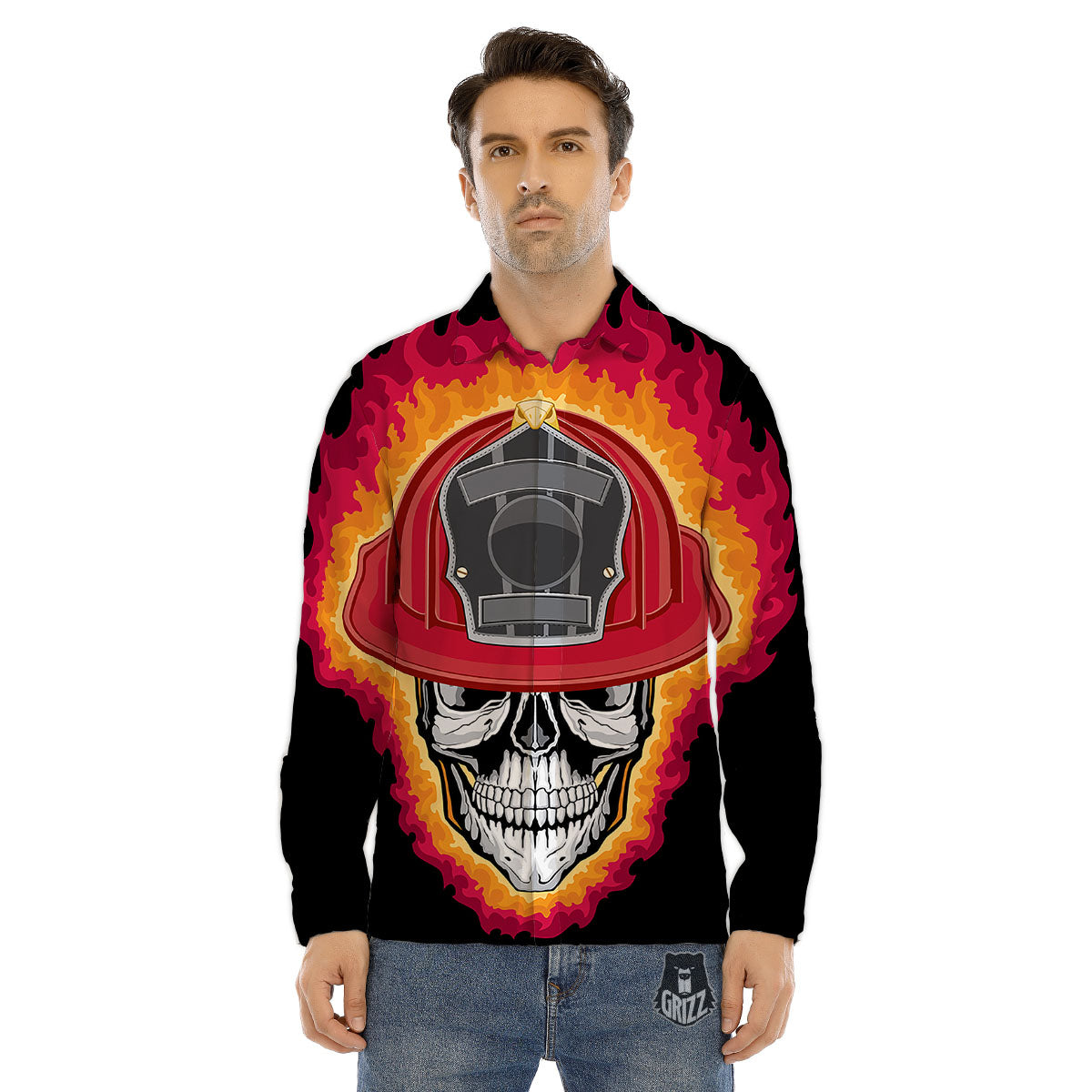 Firefighter Skull Flaming Print Men's Dress Shirts-grizzshop