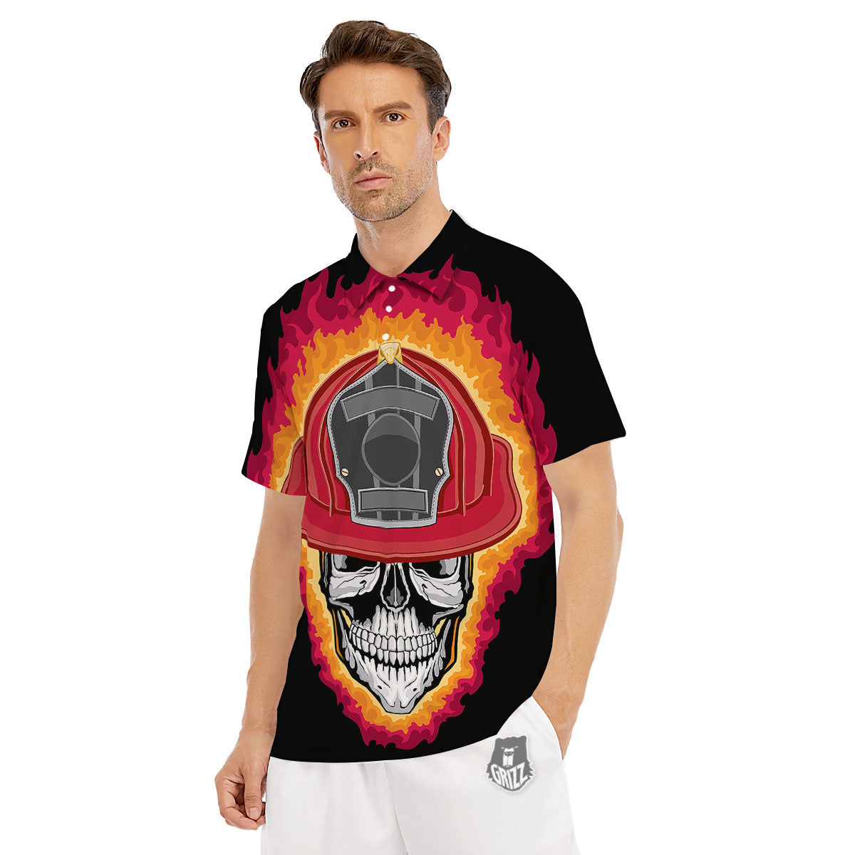 Firefighter Skull Flaming Print Men's Golf Shirts-grizzshop