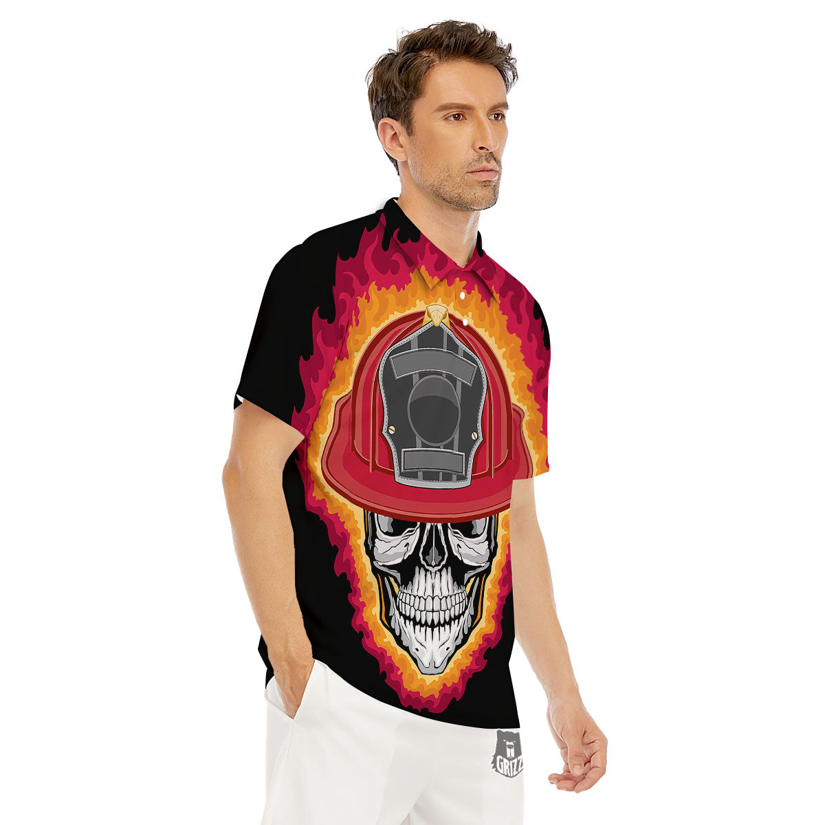 Firefighter Skull Flaming Print Men's Golf Shirts-grizzshop