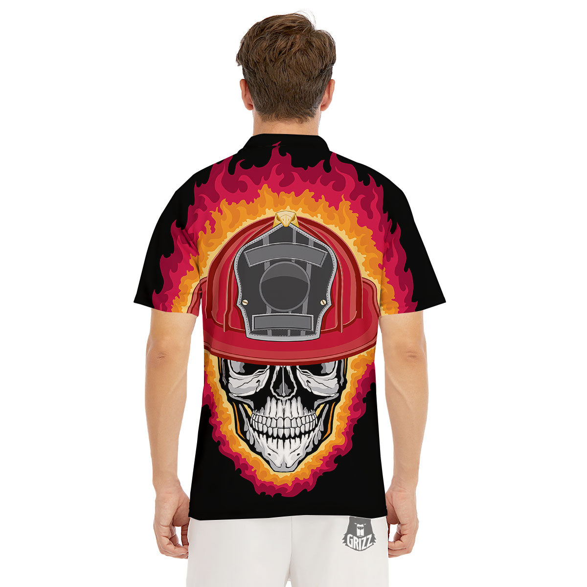 Firefighter Skull Flaming Print Men's Golf Shirts-grizzshop