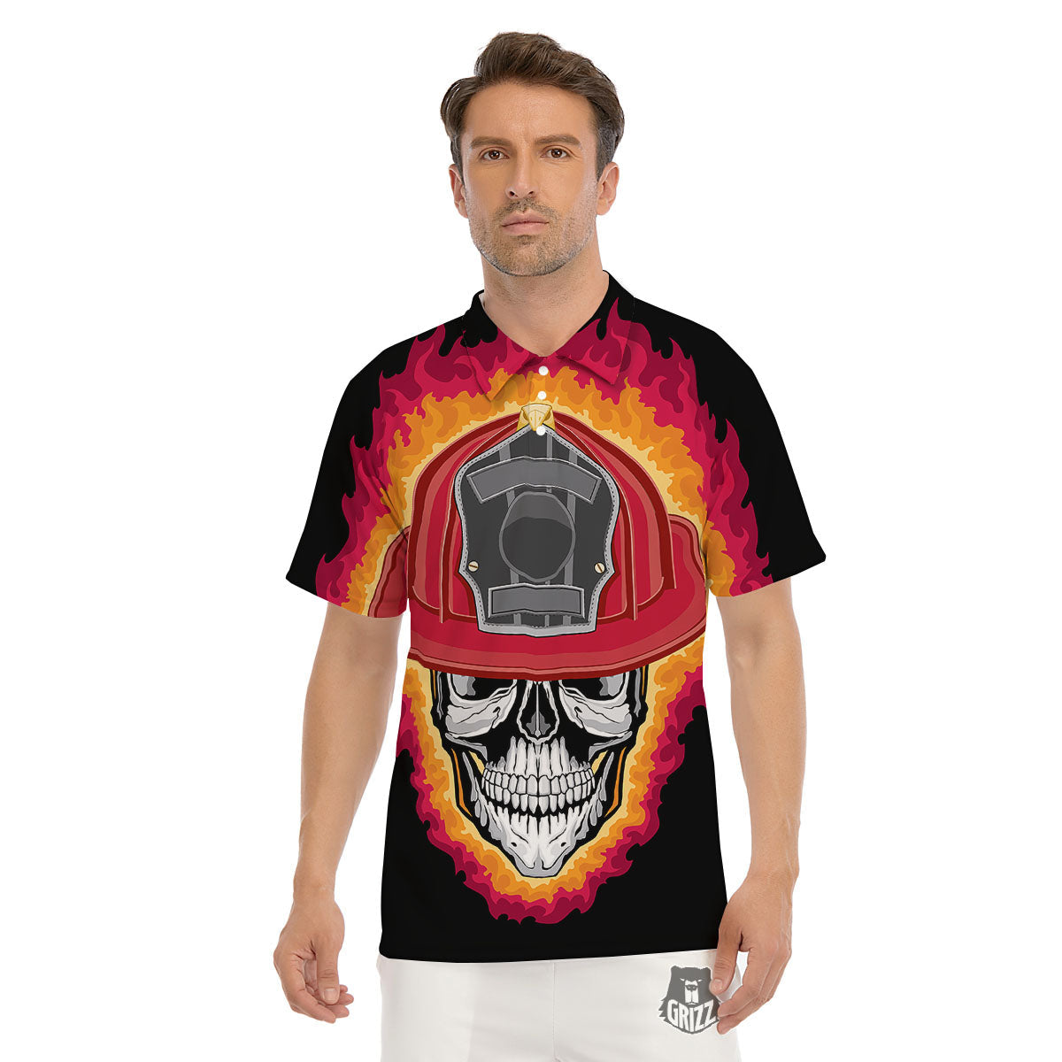 Firefighter Skull Flaming Print Men's Golf Shirts-grizzshop