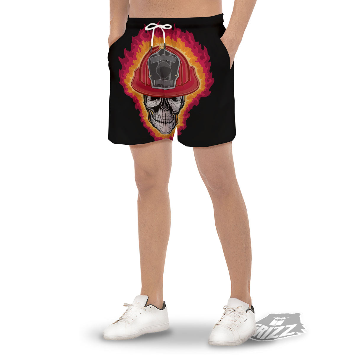 Firefighter Skull Flaming Print Men's Gym Shorts-grizzshop