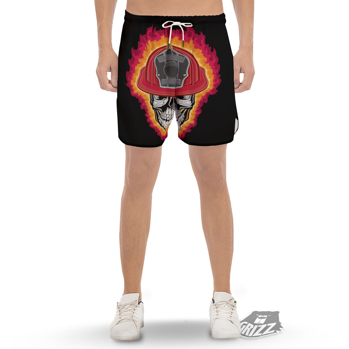 Firefighter Skull Flaming Print Men's Gym Shorts-grizzshop