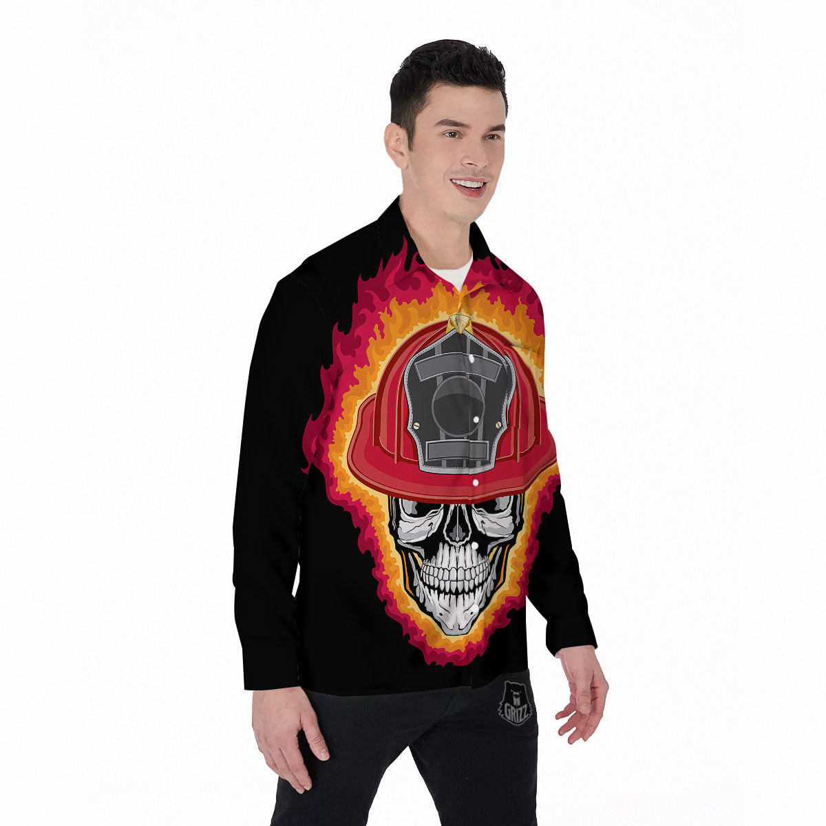 Firefighter Skull Flaming Print Men's Long Sleeve Shirts-grizzshop