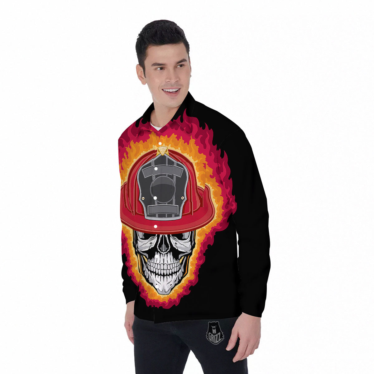 Firefighter Skull Flaming Print Men's Long Sleeve Shirts-grizzshop