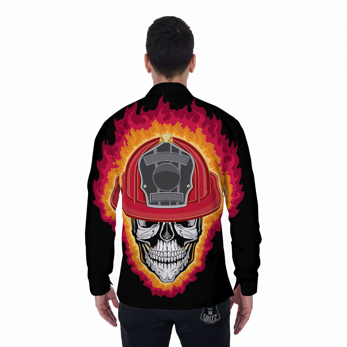 Firefighter Skull Flaming Print Men's Long Sleeve Shirts-grizzshop