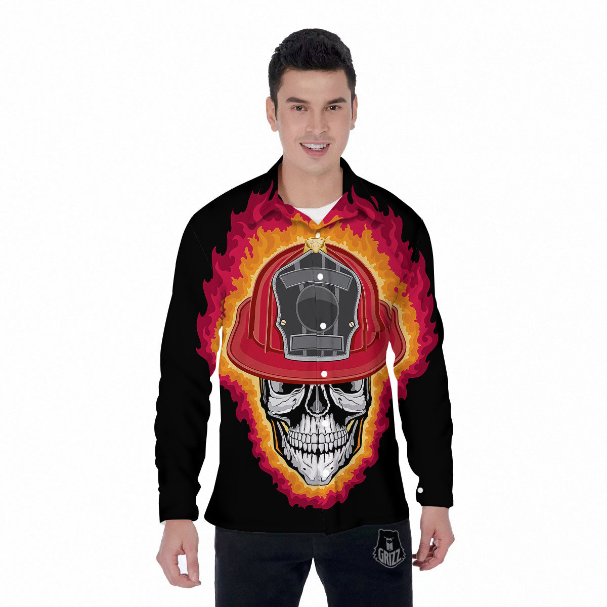 Firefighter Skull Flaming Print Men's Long Sleeve Shirts-grizzshop