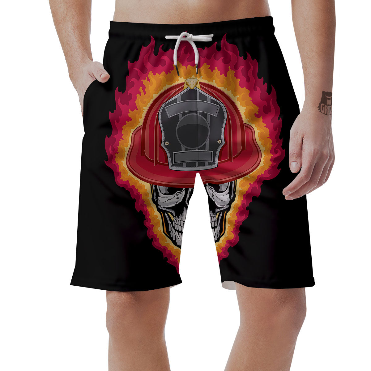 Firefighter Skull Flaming Print Men's Shorts-grizzshop