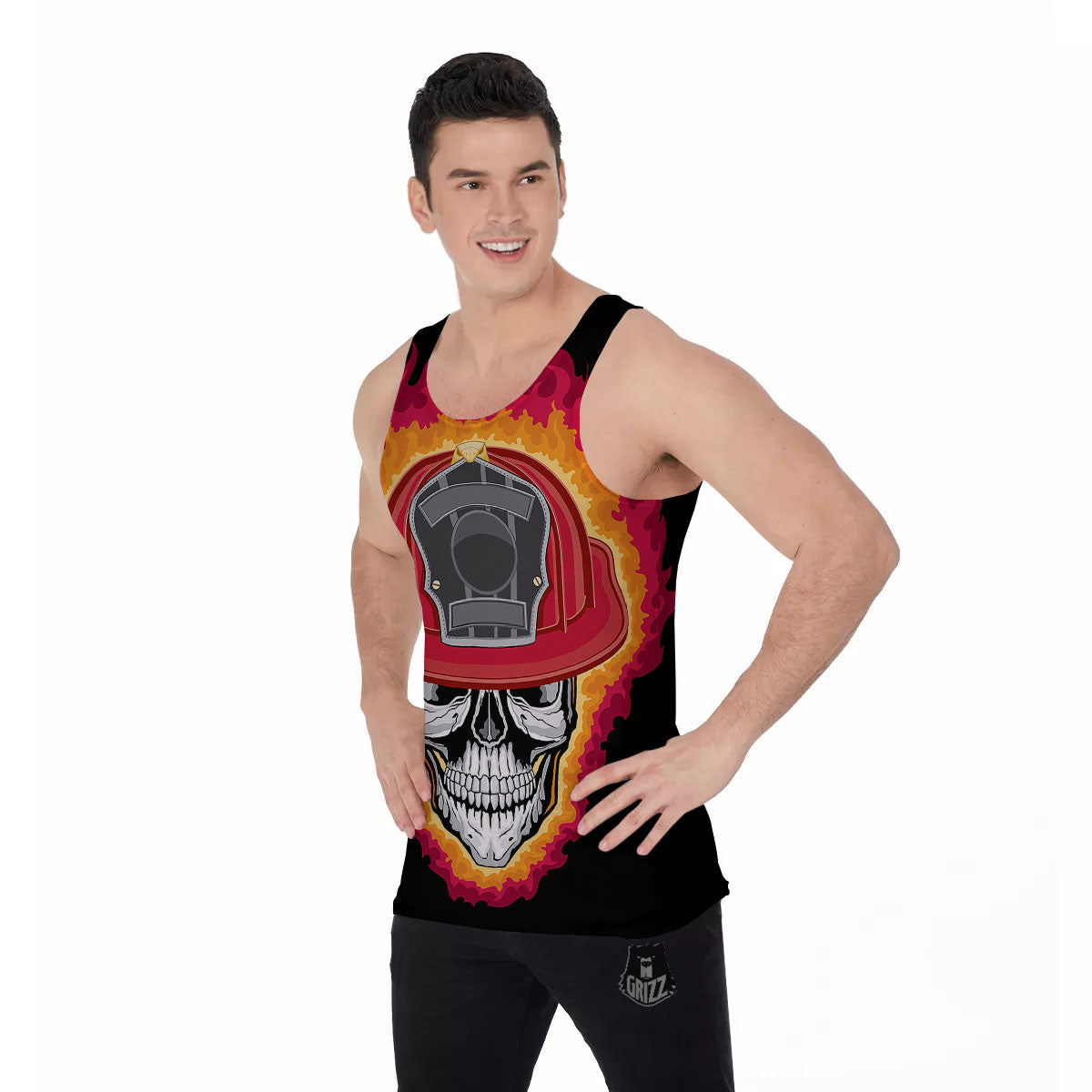 Firefighter Skull Flaming Print Men's Tank Top-grizzshop