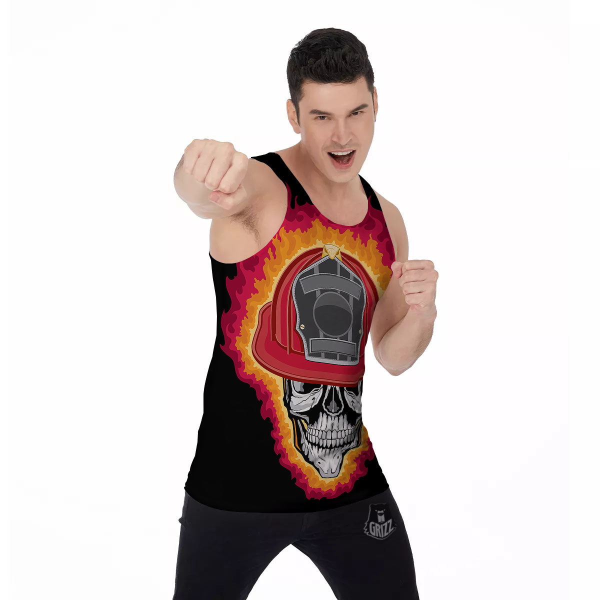 Firefighter Skull Flaming Print Men's Tank Top-grizzshop