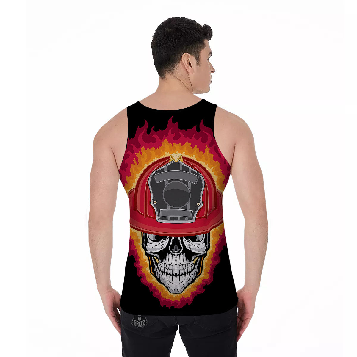 Firefighter Skull Flaming Print Men's Tank Top-grizzshop